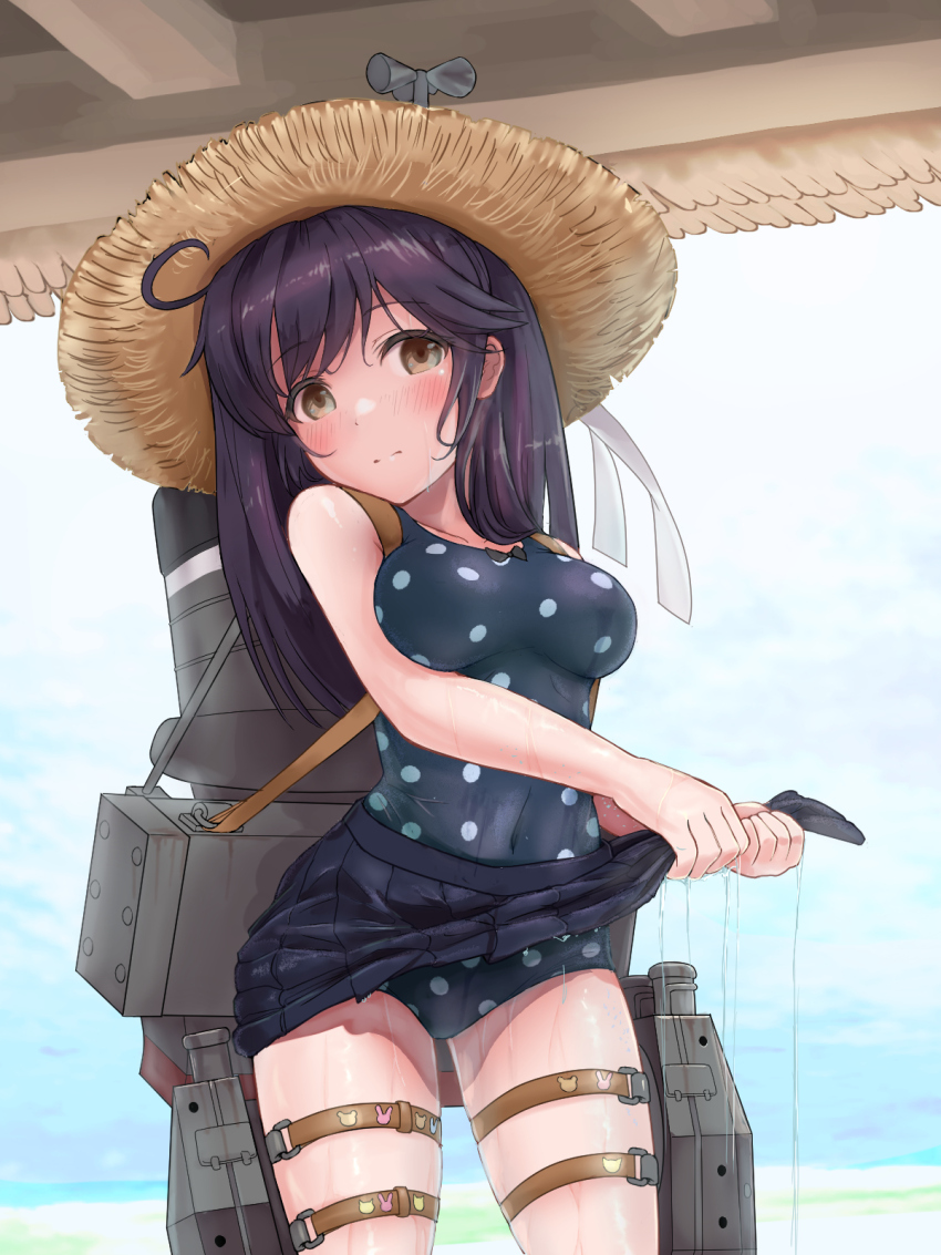blue_one-piece_swimsuit casual_one-piece_swimsuit day em_s hat highres kantai_collection official_alternate_costume one-piece_swimsuit polka_dot polka_dot_one-piece_swimsuit polka_dot_swimsuit straw_hat swimsuit ushio_(kancolle) ushio_(swimsuit)_(kancolle)