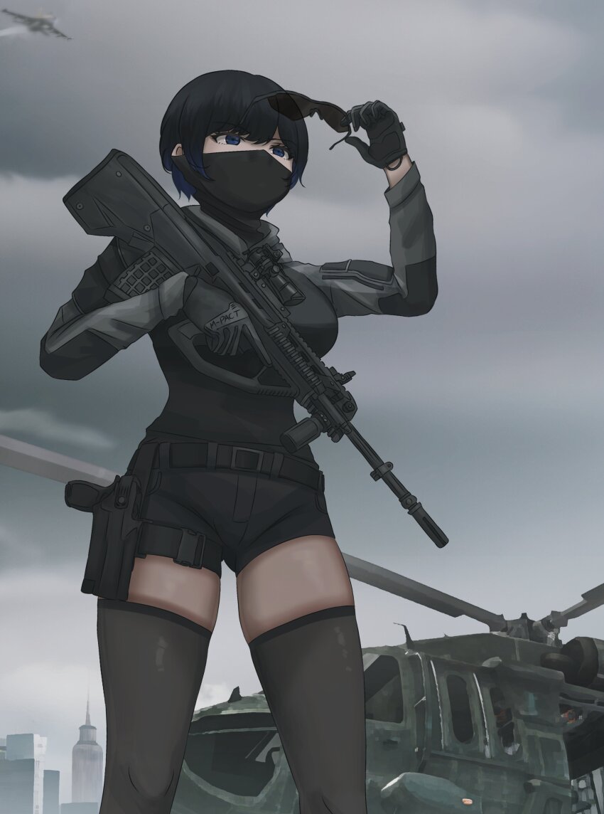 1girl absurdres aircraft airplane assault_rifle belt black_belt black_gloves black_hoodie black_mask black_shorts black_thighhighs building bullpup cloud cloudy_sky commentary dgkamikaze english_commentary fighter_jet gloves gun hand_up handgun helicopter highres holding holding_gun holding_weapon holster hood hoodie long_sleeves mask military_vehicle mouth_mask original pistol removing_eyewear rifle second-party_source shorts sky skyscraper solo standing steyr_aug steyr_aug_a3 sunglasses thighhighs uh-60_blackhawk weapon