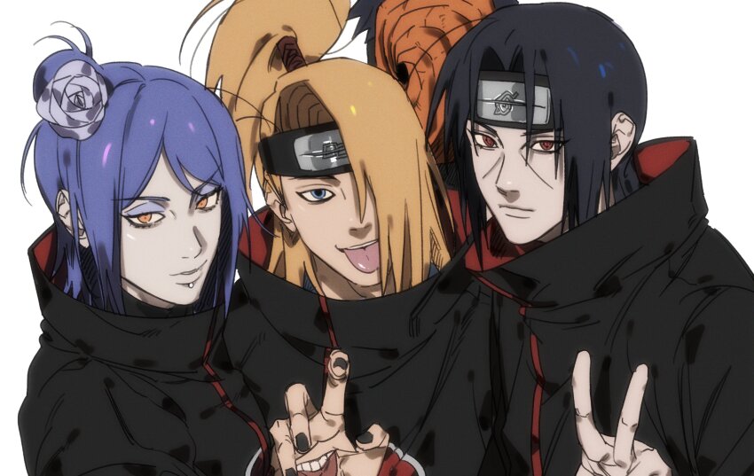 1girl 3boys akatsuki_uniform black_coat black_hair black_nails blonde_hair blue_eyes coat commentary_request deidara_(naruto) dong2taku eyeshadow face_piercing flower hair_bun hair_flower hair_ornament hand_mouth high_collar highres konan_(naruto) labret_piercing long_hair long_sleeves makeup mask multiple_boys nail_polish naruto_(series) naruto_shippuuden orange_eyes piercing purple_hair red_eyes sharingan short_hair single_hair_bun smile tobi_(naruto) tongue tongue_out uchiha_itachi uchiha_obito v
