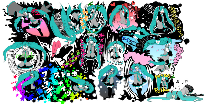 6+girls aqua_hair bad_id bad_pixiv_id detached_sleeves hachune_miku hatsune_miku hatsune_miku_no_shoushitsu_(vocaloid) highres ievan_polkka_(vocaloid) koi_wa_sensou_(vocaloid) leekspin_(meme) long_hair melt_(vocaloid) meme miku_miku_ni_shite_ageru_(vocaloid) multiple_girls multiple_persona musical_note necktie saihate_(vocaloid) skirt songover spring_onion swimmy_(vocaloid) tama_(songe) thighhighs twintails vocaloid
