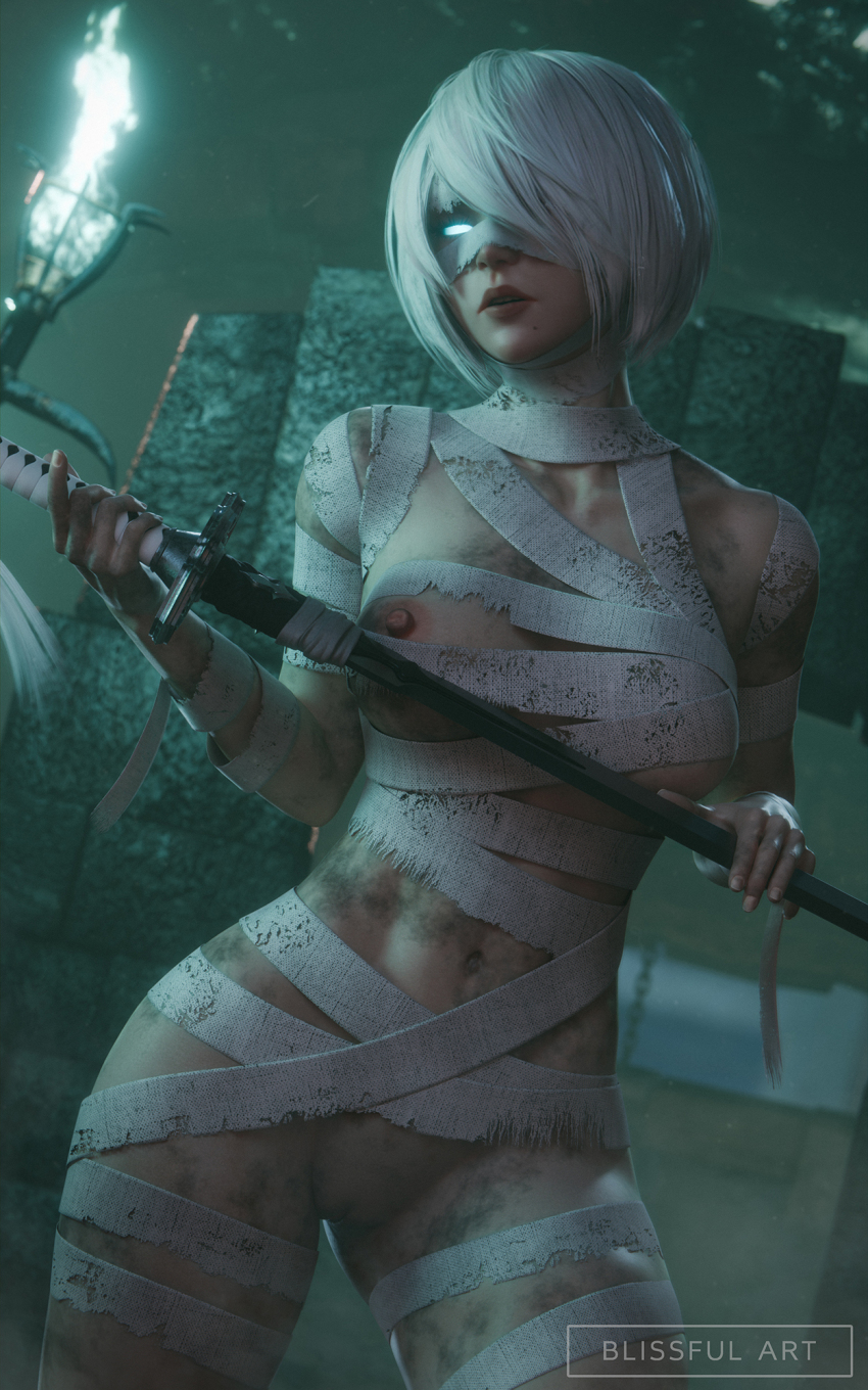 1girl 2b_(nier:automata) bandages blissful_art_(artblissful) breasts glowing glowing_eye halloween halloween_costume highres holding holding_sword holding_weapon mummy_costume nier:automata nier_(series) nipple_slip nipples short_hair signature sword weapon white_hair