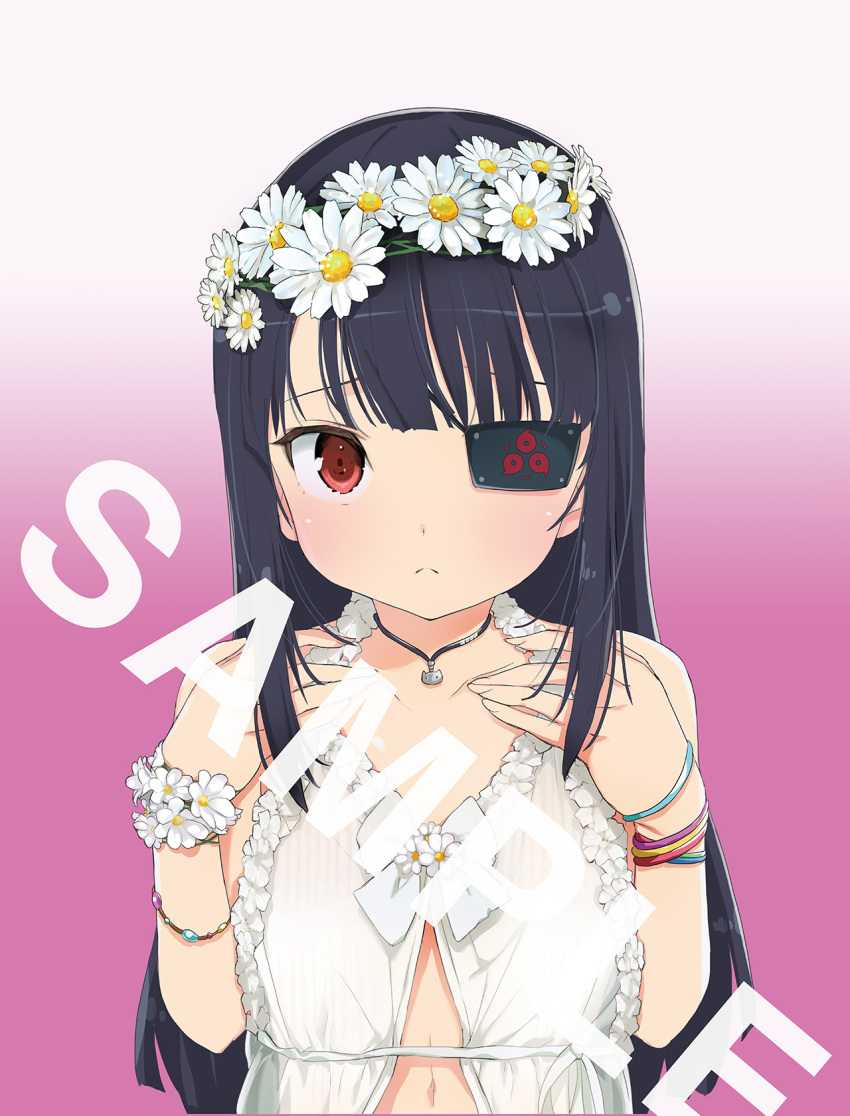 1girl :&lt; bracelet breast_conscious breast_mousepad eyepatch flat_chest flower frown hair_flower hair_ornament head_wreath highres jewelry long_hair marvelous mirai_(senran_kagura) mousepad_(medium) navel open_mouth sample_watermark senran_kagura solo watermark yaegashi_nan