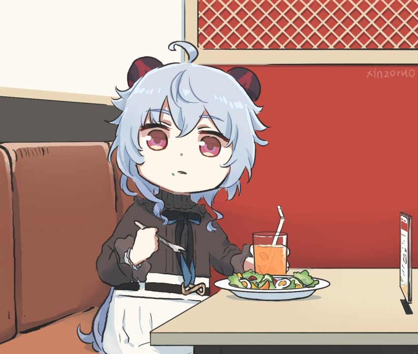 1girl ahoge alternate_costume artist_name black_shirt blue_hair booth_seating chibi drink drinking_straw food food_on_face fork frills ganyu_(china_merchants_bank)_(genshin_impact) ganyu_(genshin_impact) genshin_impact holding holding_fork horns indoors long_hair menu_board pink_eyes restaurant ribbon salad shirt solo very_long_hair xinzoruo