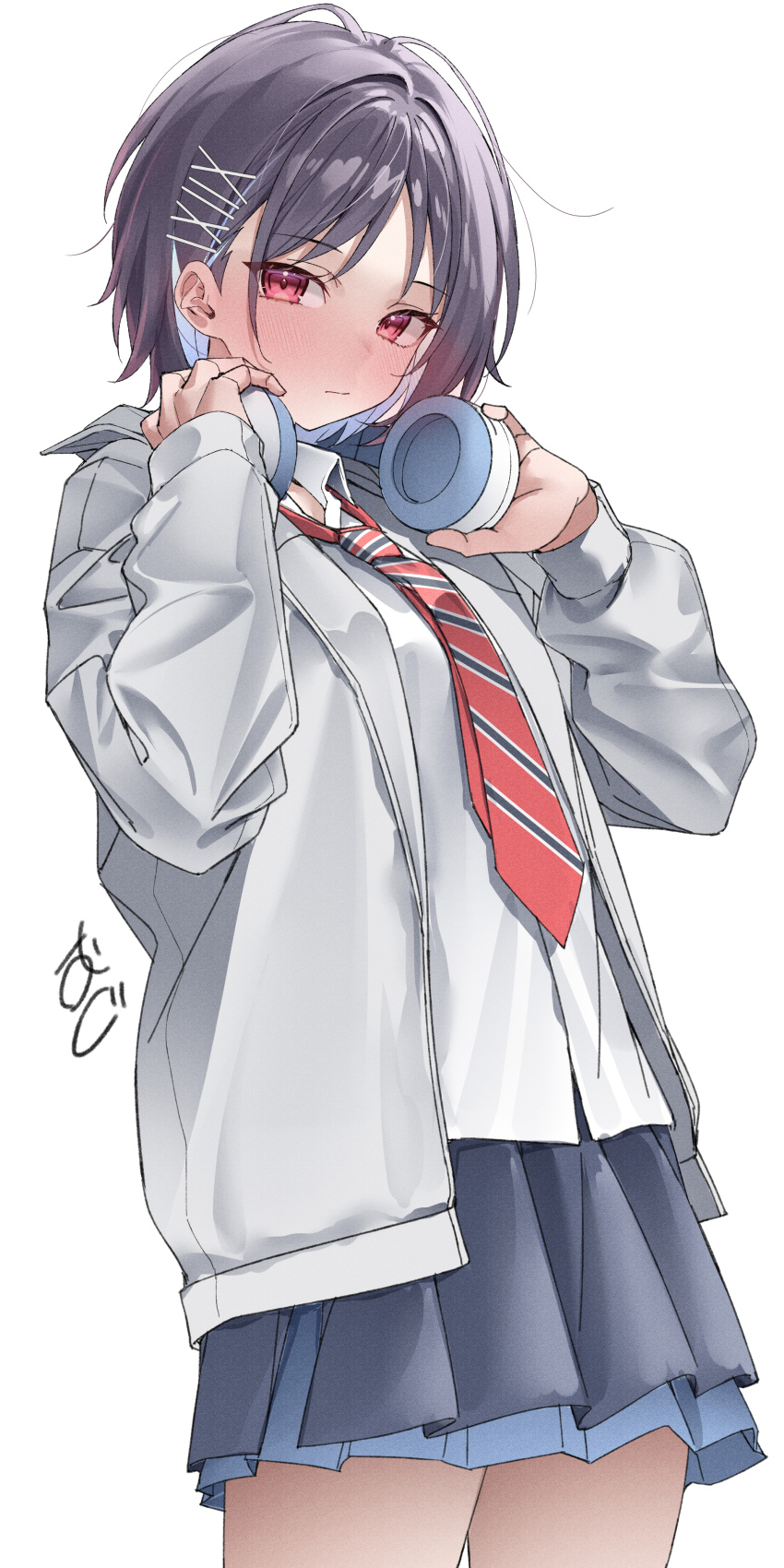 1girl absurdres blue_hair blue_skirt blush closed_mouth collared_shirt colored_inner_hair commentary_request cowboy_shot diagonal-striped_clothes diagonal-striped_necktie gakuen_idolmaster grey_jacket headphones headphones_around_neck highres idolmaster jacket kawai_ritsu_(rits_meg) long_sleeves looking_at_viewer mashiro_yu multicolored_hair necktie open_clothes open_jacket red_eyes red_necktie shirt short_hair simple_background skirt solo striped_clothes white_background white_shirt