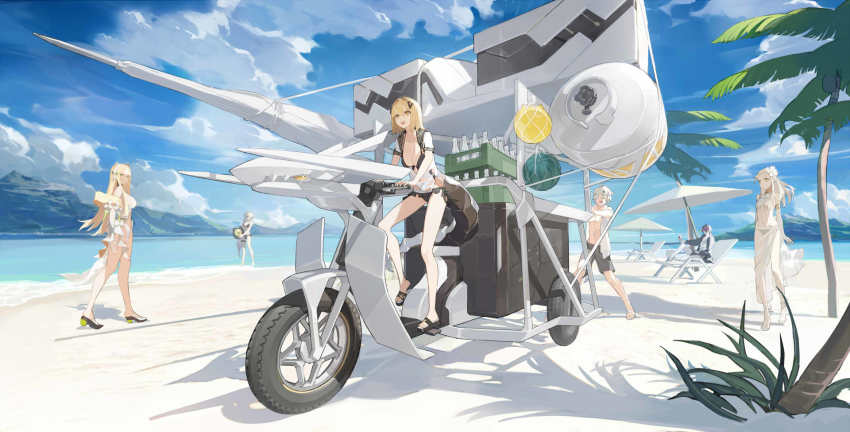 2boys 4girls alchemy_stars bare_legs beach beach_umbrella bianyuanqishi bikini black_bikini blonde_hair carleen_(alchemy_stars) chair cloud commentary_request concept_art day eicy_(alchemy_stars) eyeball faceless faceless_male glass_bottle high_heels highres kleken_(alchemy_stars) long_hair looking_afar looking_at_another lounge_chair mountain multiple_boys multiple_girls navigator_(alchemy_stars) official_art outdoors palm_tree propane_tank pushing reclining sandals see-through_clothes shadow shore short_hair short_sleeves shorts swimsuit tail tree umbrella uriah_(alchemy_stars) vending_cart vice_(alchemy_stars) water