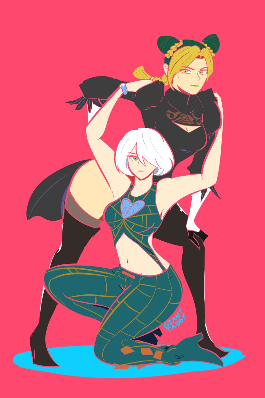 2girls absurdres artist_name breasts cleavage cleavage_cutout clothing_cutout commentary cosplay costume_switch crossover double_bun english_commentary giant_tabby green_eyes green_hair hair_behind_ear hair_bun hair_over_one_eye high_heels highres jojo_no_kimyou_na_bouken juliet_sleeves kira_buckland kujo_jolyne_(cosplay) kuujou_jolyne leaning_forward long_sleeves medium_breasts mole mole_under_mouth multiple_girls navel nier:automata nier_(series) pink_background puffy_sleeves short_hair smile stone_ocean thighhighs voice_actor_connection white_hair 2b_(nier:automata) 2b_(nier:automata)_(cosplay)