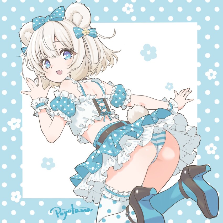 1girl \||/ animal_ears ass asymmetrical_legwear bear_ears bear_girl bear_tail black_shoes blue_bow blue_eyes blue_panties blue_skirt blue_sleeves blue_socks blue_thighhighs blue_wrist_cuffs bow bright_pupils commentary_request crop_top detached_sleeves fang frilled_shirt frilled_sleeves frilled_thighhighs frilled_wrist_cuffs frills hair_bow high_heels highres looking_at_viewer looking_back medium_hair mismatched_legwear open_mouth original panda_ears panda_girl panda_tail panties pantyshot po_yo_ta_ma polka_dot polka_dot_bow polka_dot_legwear polka_dot_skirt polka_dot_sleeves polka_dot_thighhighs puffy_detached_sleeves puffy_sleeves shirt shoes short_hair single_sock single_thighhigh skin_fang skirt smile socks solo striped_clothes striped_panties tail thighhighs two-tone_panties two-tone_thighhighs underwear upskirt white_hair white_panties white_pupils white_thighhighs wrist_cuffs