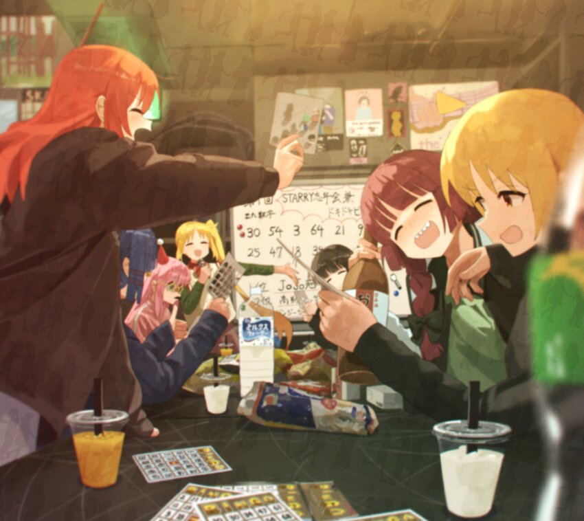 6+girls ahoge bed_sheet bingo_(game) bingo_card black_bow black_dress black_hair black_jacket blonde_hair blue_hair blue_jacket blunt_bangs bocchi_the_rock! bottle bow brown_jacket calpis cup detached_ahoge disposable_cup dress film_grain gotoh_hitori green_dress green_shirt hair_ornament hairclip hat highres hiroi_kikuri holding holding_bottle holding_sheet ijichi_nijika ijichi_seika indoors jacket kessoku_band kita_ikuyo long_hair multiple_girls pa-san party_hat pink_hair pink_track_suit playing_games purple_hair red_hair sake_bottle sharp_teeth shirasuke_0822 shirt side_ponytail sitting slice_of_life smoothie star-shaped_eyewear star_(symbol) sweater_vest teeth track_suit upper_body watermark watermark_grid white_sweater_vest yamada_ryo
