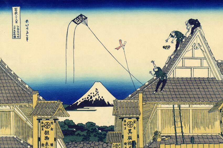 19th_century 3boys absurdres black_hair blue_sky fine_art_parody gradient_sky highres hokusai japan japanese_clothes japanese_house japanese_text kimono kite ladder landscape mount_fuji mountain multiple_boys nihonga original outdoors parody rooftop scenery sign sky snow thirty-six_views_of_mount_fuji tiles tossing traditional_media translation_request tree ukiyo-e volcano
