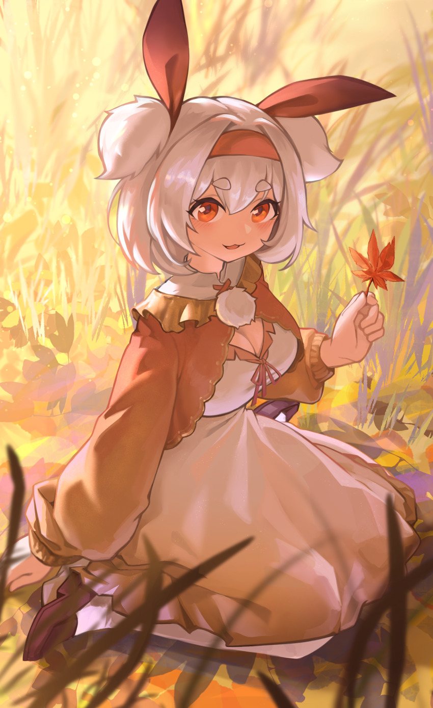 1girl absurdres alvis_(last_origin) black_shoes breasts cleavage commentary commission dress english_commentary hairband highres holding holding_leaf ky_dako last_origin leaf long_sleeves looking_at_viewer maple_leaf medium_breasts orange_eyes red_hairband shoes solo two_side_up white_dress white_hair