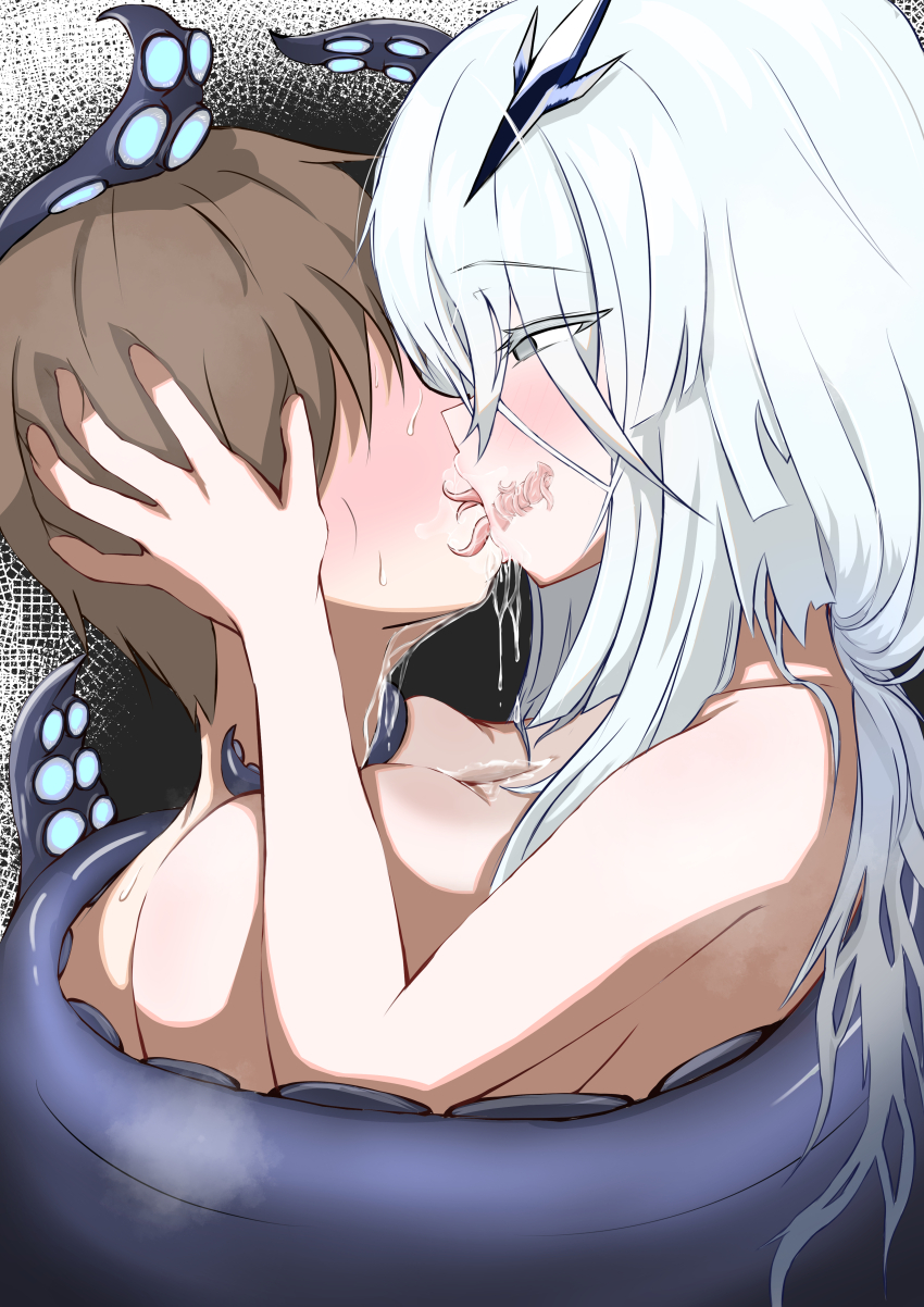 1boy 1girl ^^^ absurdres asanama azur_lane blush breasts brown_hair bust_cup colored_eyelashes commander_(azur_lane) drooling fancy_(azur_lane) french_kiss from_side heart highres kiss large_breasts long_hair saliva saliva_trail spoken_heart suction_cups tentacle_tongue tentacles textless_version trembling variant_set white_hair