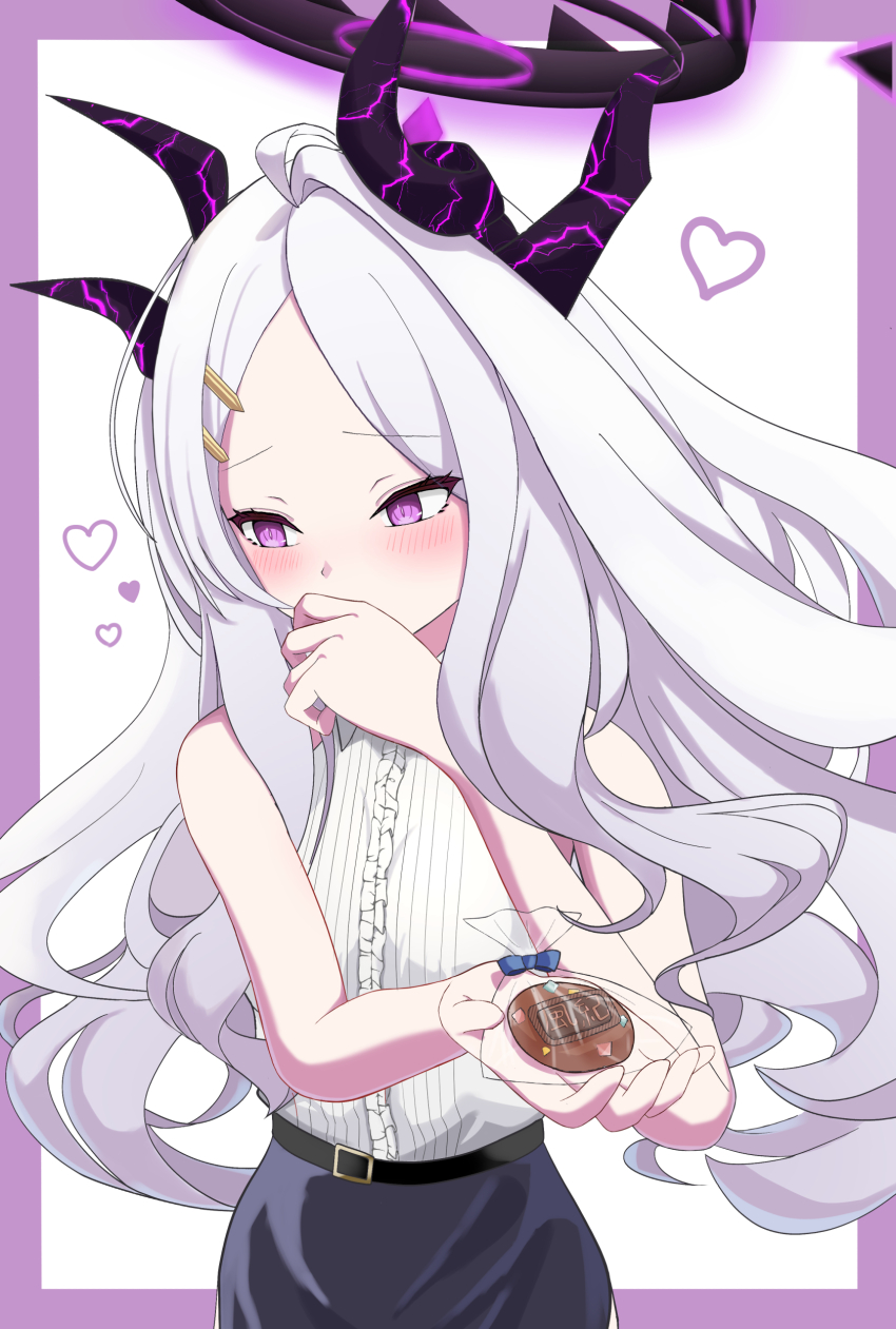 1girl absurdres ahoge belt black_belt black_halo black_horns black_skirt blue_archive blush border breasts collared_shirt commentary_request cookie covering_own_mouth demon_horns dress_shirt food hair_ornament hairpin halo hand_over_own_mouth hand_up heart highres hina_(blue_archive) holding holding_cookie holding_food horns long_hair mechanical_halo multiple_horns outside_border parted_bangs purple_border purple_eyes purple_halo purple_horns shirt sidelocks simple_background skirt sleeveless sleeveless_shirt small_breasts solo uaru white_background white_hair white_shirt