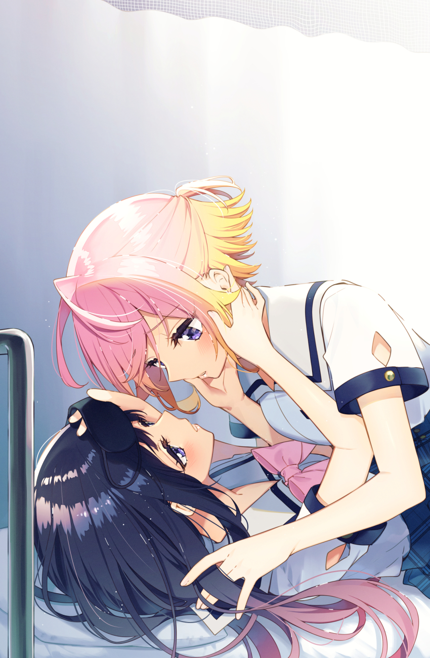 2girls anemone_wa_netsu_wo_obiru black_hair blonde_hair blue_skirt brown_hair commentary_request girl_on_top gradient_hair highres komiyama_mashiro long_hair lying multicolored_hair multiple_girls on_back on_bed ootsuki_nagisa pink_hair plaid_clothes plaid_skirt purple_eyes sakuragi_ren school_uniform shirt short_sleeves skirt swept_bangs very_long_hair white_shirt yuri