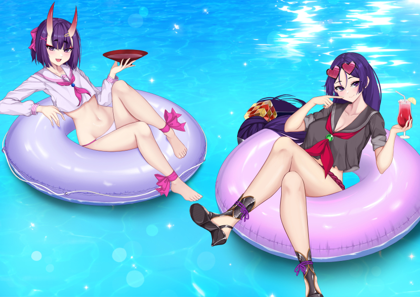 2girls absurdres barefoot black_sailor_collar black_serafuku black_shirt blunt_bangs blush bob_cut breasts cleavage collarbone commentary crop_top crop_top_overhang crossed_legs cup drinking_glass english_commentary eyeliner eyewear_on_head fate/grand_order fate_(series) heart heart-shaped_eyewear highres horns innertube large_breasts long_hair looking_at_viewer makeup mergerri minamoto_no_raikou_(fate) minamoto_no_raikou_(fate/grand_order) minamoto_no_raikou_(swimsuit_lancer)_(fate) minamoto_no_raikou_(swimsuit_lancer)_(second_ascension)_(fate) multiple_girls navel neckerchief oni open_mouth parted_bangs petite purple_eyes purple_hair rope sailor_collar sandals school_uniform serafuku shirt short_hair short_sleeves shuten_douji_(fate) skin-covered_horns small_breasts smile sunglasses swim_ring very_long_hair water