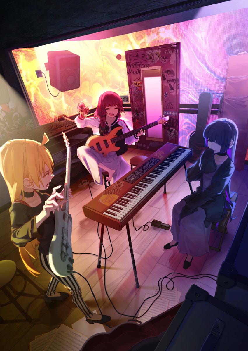 3girls absurdres ahoge alcohol_carton barefoot black_bow black_choker black_coat black_hair black_shirt blonde_hair blunt_bangs bocchi_the_rock! bow braid choker closed_eyes coat dress ear_piercing electric_guitar green_dress grey_dress guitar guitar_case hair_bow hair_over_shoulder highres hime_cut hiroi_kikuri holding_carton ijichi_seika instrument instrument_case jacket keyboard_(instrument) long_hair long_sleeves multicolored_hair multiple_girls pa-san pants piercing playing_guitar playing_instrument purple_hair recording_studio red_eyes sharp_teeth shirt single_braid sound_system speaker stool striped_clothes striped_pants teeth vertical-striped_clothes vertical-striped_pants zero808w