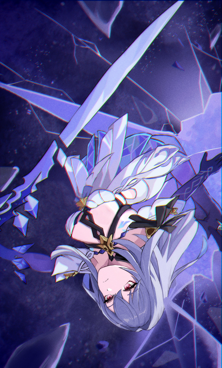 1girl absurdres breasts closed_mouth genshin_impact gloves grey_hair highres holding holding_sword holding_weapon long_hair medium_breasts po_(popopo2525x) purple_gloves red_eyes skirk_(genshin_impact) solo sword upside-down weapon