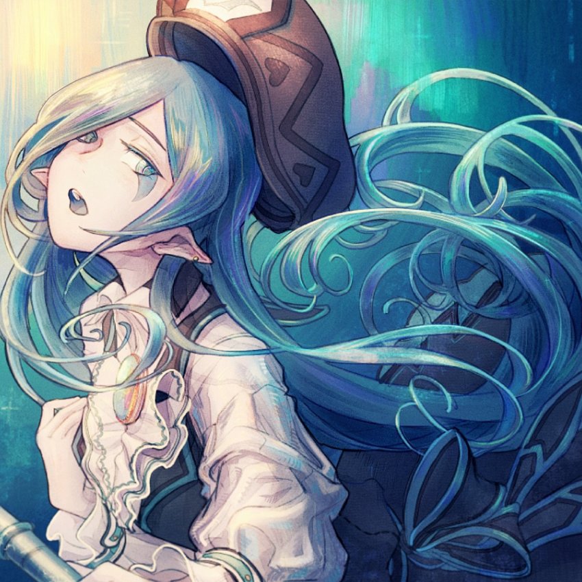 1girl black_skirt blue_eyes blue_hair blue_skirt brooch collared_shirt earrings female_focus francisca_(kirby) hand_on_own_chest hat highres holding holding_weapon jewelry kirby_star_allies kirby_(series) long_hair looking_back nintendo open_mouth personification pointy_ears ribbon shirt skirt solo somayumi two-tone_skirt weapon white_shirt