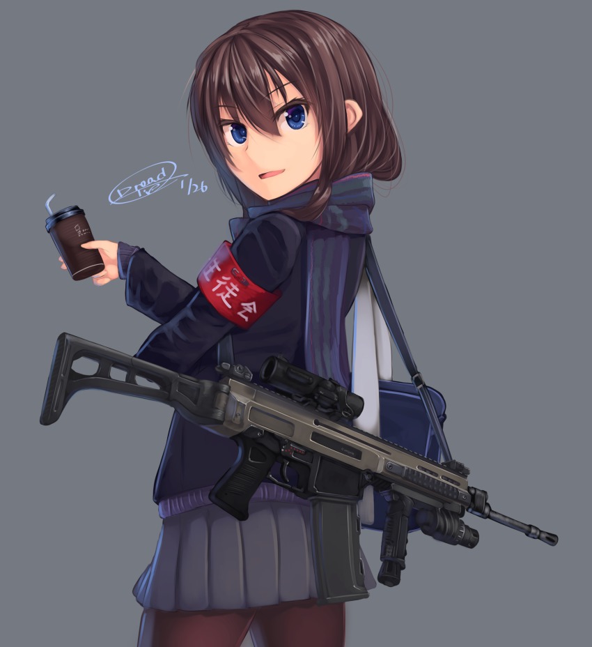 1girl bad_id bad_pixiv_id blue_eyes brown_hair cz_805_bren dreadtie enpera female_focus gun highres long_hair original ponytail scarf school_uniform solo weapon