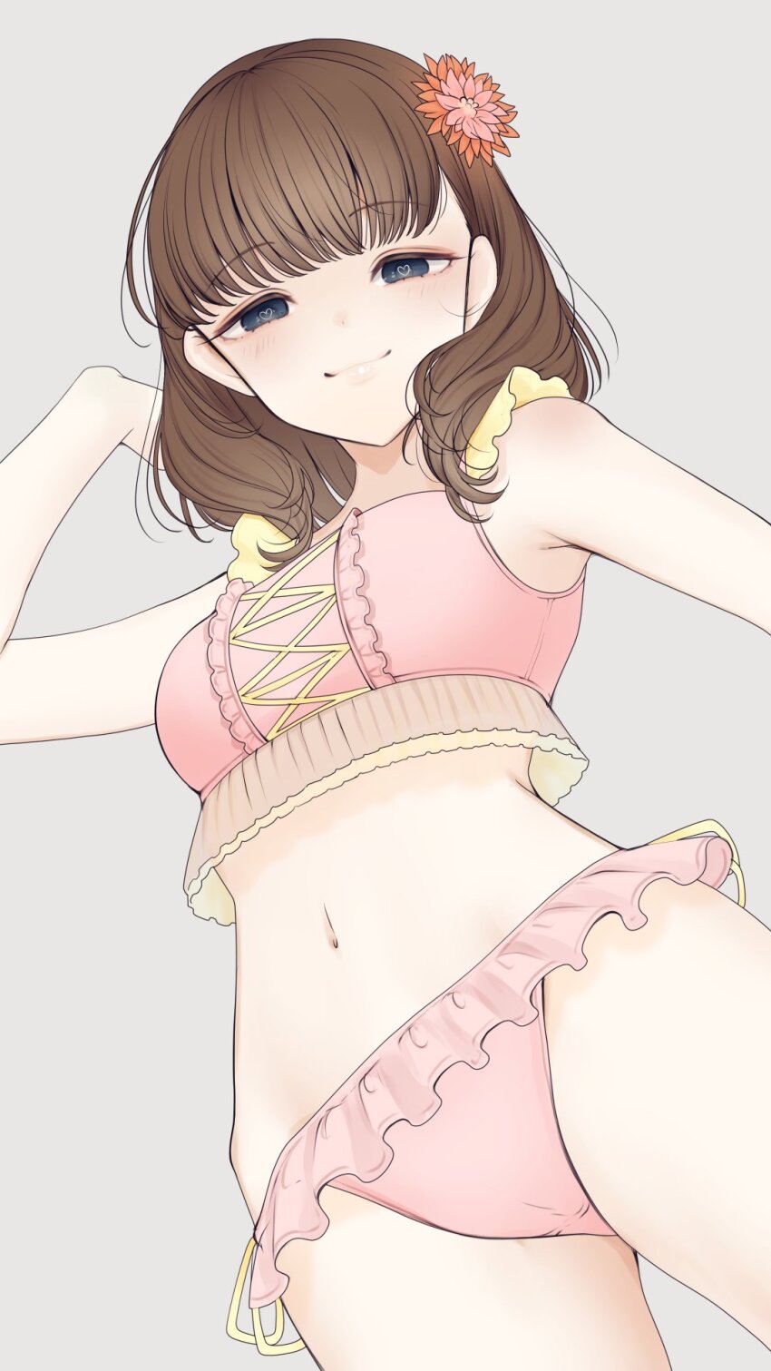 brown_hair green_eyes highres looking_at_viewer sakuma_mayu saltylemontea short_hair simple_background swimsuit
