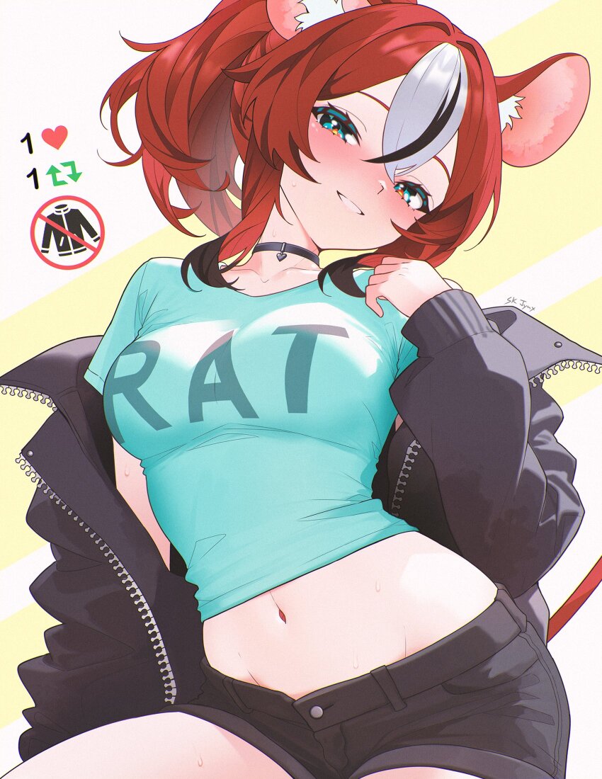 1girl animal_ear_fluff animal_ears black_choker black_hair black_jacket blue_eyes blush breasts choker clothes_writing colored_tips commentary double-parted_bangs english_commentary hair_between_eyes hakos_baelz head_tilt highres hololive hololive_english jacket looking_at_viewer medium_breasts midriff mouse_ears mouse_girl mouse_tail multicolored_hair navel off_shoulder open_clothes open_jacket ponytail red_hair shirt short_hair short_shorts shorts sidelocks sk_jynx solo streaked_hair t-shirt tail virtual_youtuber white_hair