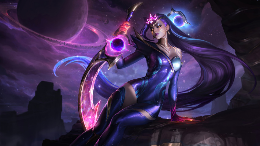 1girl absurdres artist_request dark_star_(league_of_legends) diana_(league_of_legends) highres league_of_legends long_hair purple_hair purple_sky saturn_(planet) single_off_shoulder sitting sky tagme weapon yellow_eyes
