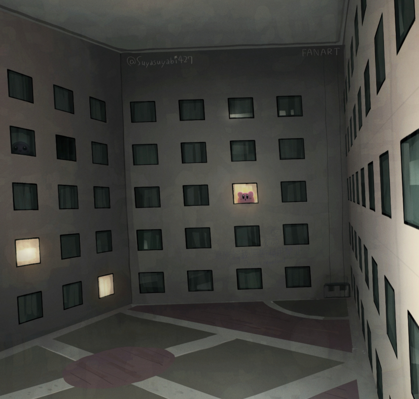 absurdres building commentary_request highres indoors kirby kirby_(series) nintendo no_humans solo suyasuyabi twitter_username window
