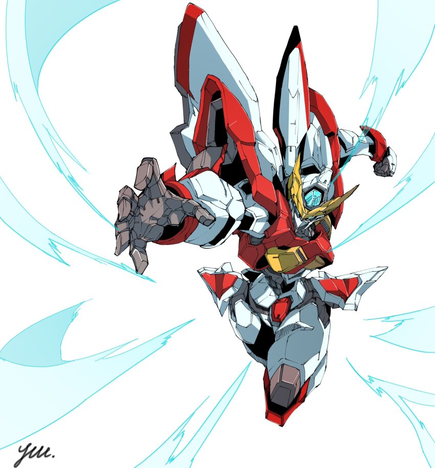 artist_name blue_eyes clenched_hand flying head_tilt highres looking_up mecha oobari_masami_(style) original robot solo twisted_torso v-fin white_background wind yuu_(s_graphics_tri)