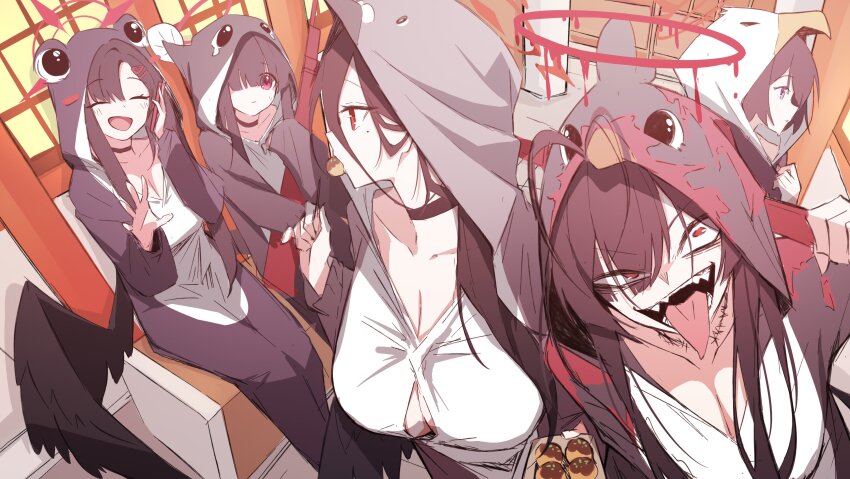 5girls absurdres black_hair black_wings blood blood_halo blue_archive choker cosplay hair_ornament hair_over_eyes hairclip halo hasumi_(blue_archive) highres ichika_(blue_archive) justice_task_force_member_(blue_archive) kigurumi liquid_halo long_hair mashiro_(blue_archive) melting_halo mmhomm mole mole_under_eye multiple_girls open_mouth pajamas purple_eyes red_eyes red_halo short_hair tsurugi_(blue_archive) wings