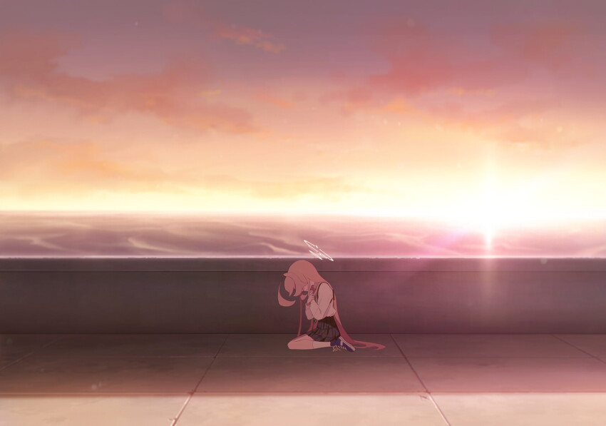 1girl ahoge black_skirt blue_archive blue_shoes book clenched_teeth crying desert fang hair_between_eyes highres holding holding_book hoshino_(blue_archive) huge_ahoge id_card kneeling long_hair no_eyes non-web_source official_art open_mouth pink_hair plaid_clothes plaid_skirt shaded_face shirt shoes sidelocks skirt sneakers socks solo sun teeth white_shirt white_socks