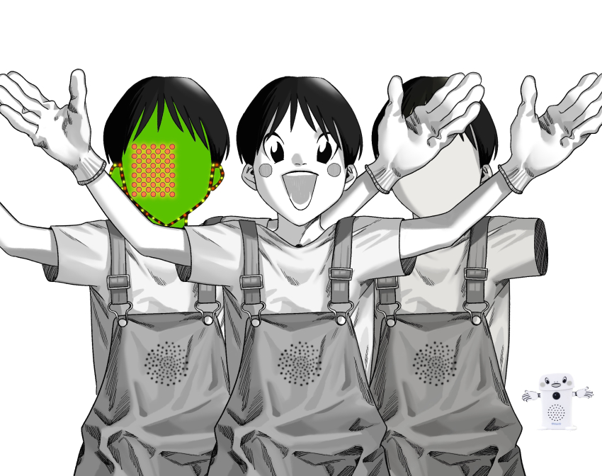 1boy amputee blush_stickers colored_skin commentary english_commentary faceless faceless_male gloves green_skin greyscale highres looking_at_viewer male_focus missing_limb monochrome multiple_views open_mouth original outstretched_arms overalls personification reference_inset shirt short_hair short_sleeves simple_background smile speaker spot_color spread_arms straight-on t-shirt takushi_(taxi739) upper_body work_gloves yobikomi-kun