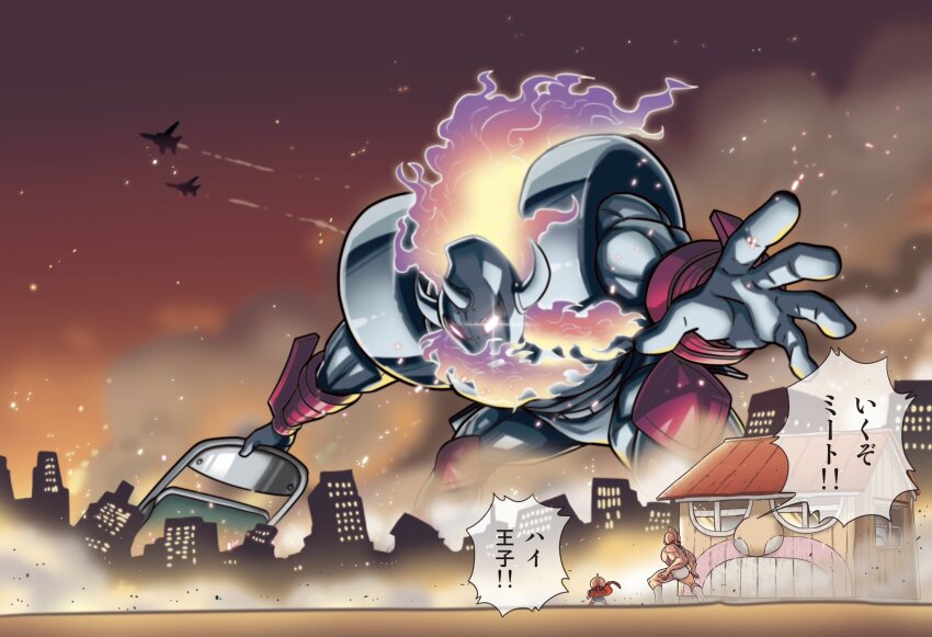 ! !! 3boys aircraft airplane akuma_shogun alexandria_meat attack biceps blonde_hair chair city clenched_hands dated demon destruction epaulettes fighting full_body giant highres horns house kinniku_suguru kinnikuman kinnikuman_(character) long_hair mask multiple_boys muscular neon_lights night night_sky official_art oversized_object pain signature sky surprised translation_request wrestling wrestling_mask