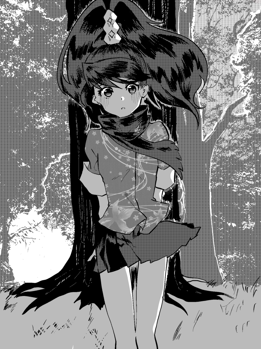 1girl ace_attorney ace_attorney_investigations highres kay_faraday monochrome scarf skirt solo solo_focus standing tree xmartieisgood
