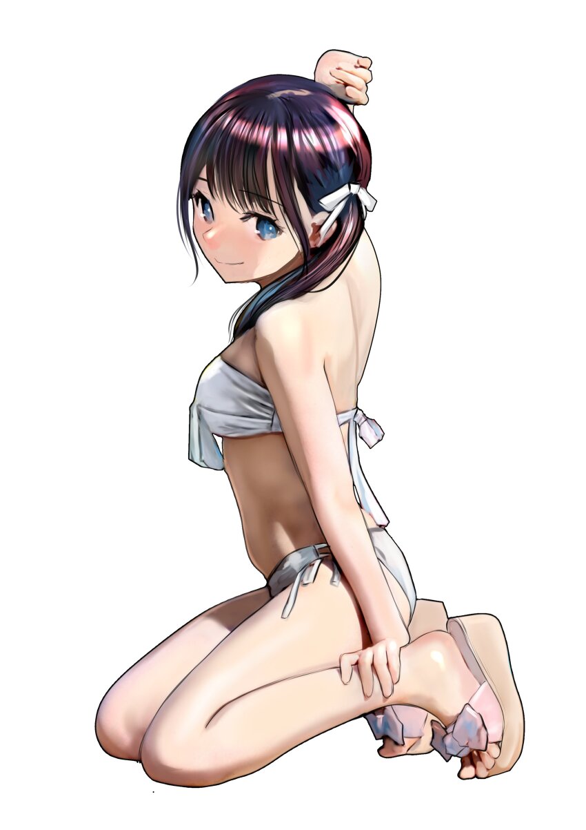 1girl absurdres arm_up back bare_shoulders bikini black_hair black_thighhighs blue_eyes blush bow breasts closed_mouth emutsuichi full_body hair_bow hair_ornament highres legs long_hair looking_at_viewer navel off-shoulder_bikini off_shoulder original platform_sandals sandals simple_background small_breasts smile solo stomach swimsuit thighhighs thighs white_background white_bikini