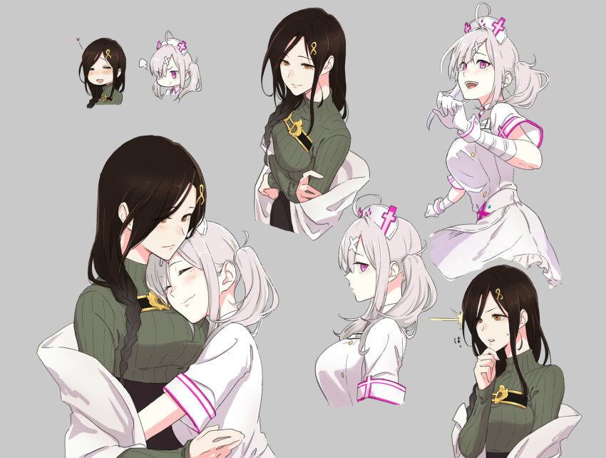 2girls ahoge bandaged_arm bandages blush breasts couple cross_hat_ornament eyes_visible_through_hair gloves green_sweater grey_hair hair_ornament hair_over_one_eye hat highres large_breasts long_braid long_hair miso-ha_(ukyuu) mole mole_under_eye multiple_girls nijisanji nurse nurse_cap open_mouth purple_eyes shirayuki_tomoe shirayuki_tomoe_(1st_costume) smile sukoya_kana sukoya_kana_(1st_costume) sweater twintails virtual_youtuber white_wrist_cuffs wrist_cuffs x x_hair_ornament yuri
