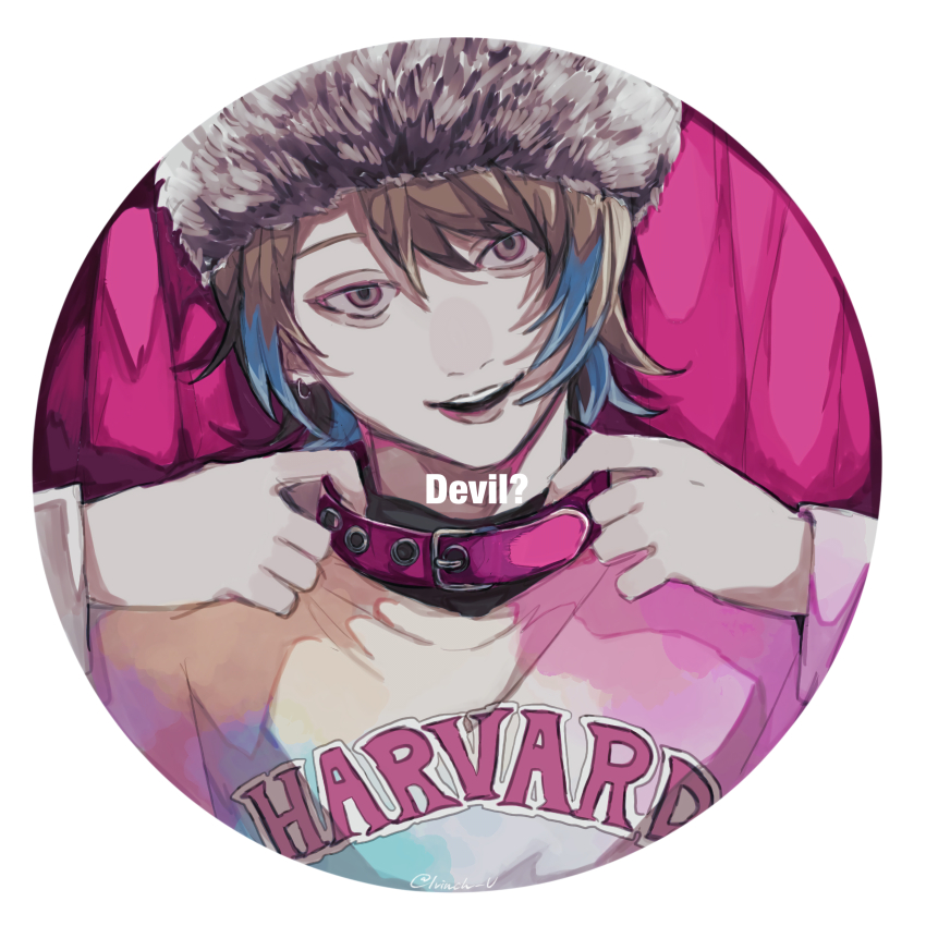 1boy absurdres adjusting_collar aegyo_sal akune_rindo animal_collar blue_hair brown_eyes brown_hair collar college_shirt earrings english_text fur_hat grin hat head_tilt highres hoop_earrings hypnosis_mic hypnosis_mic:_rule_the_stage ivinch_u jewelry layered_shirt long_sleeves looking_at_viewer male_focus multicolored_hair open_mouth pale_skin parted_hair pink_collar portrait round_image shirt short_hair simple_background smile solo streaked_hair teeth tie-dye twitter_username upper_teeth_only white_background
