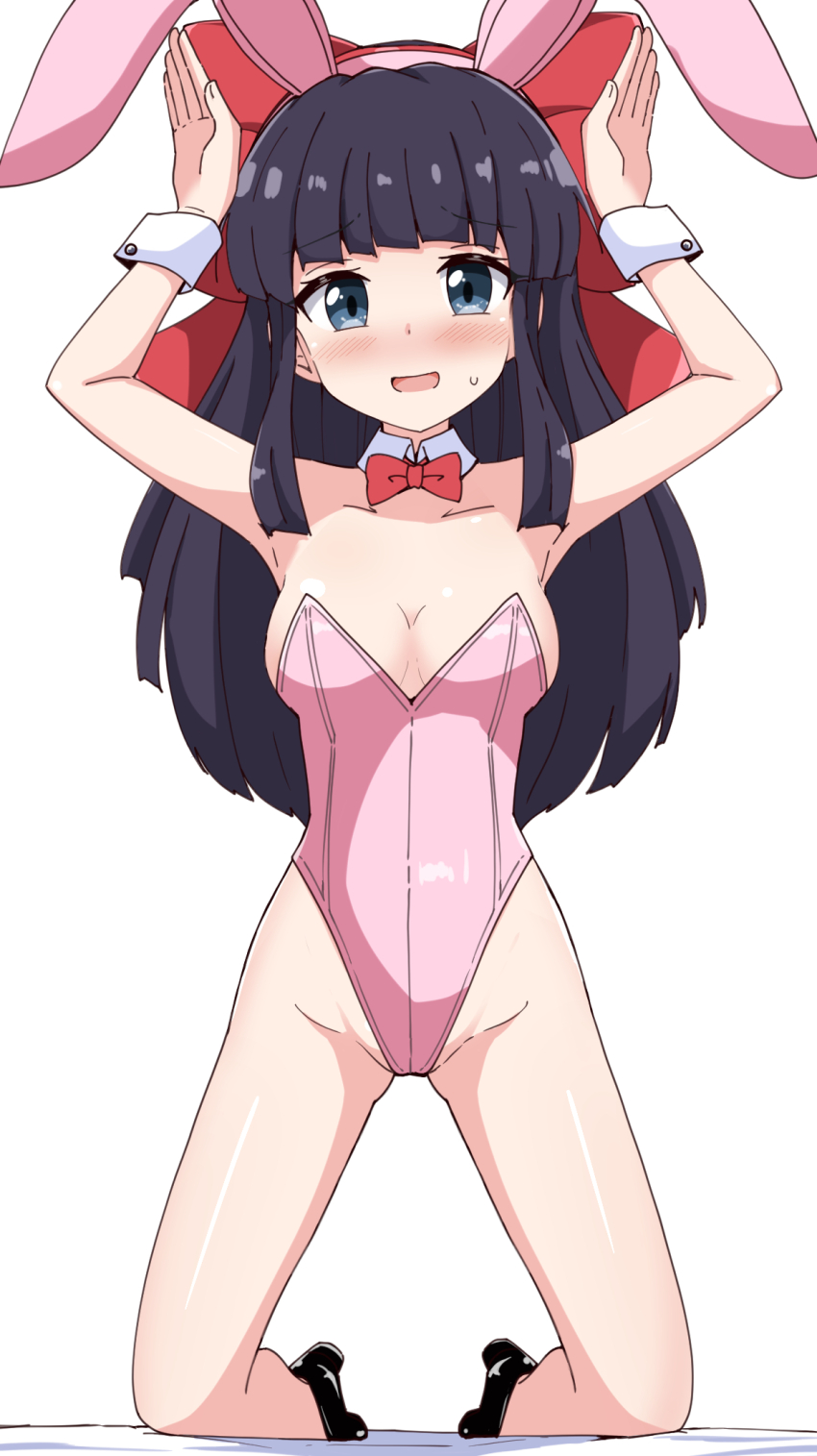 1girl :d aikawa_ryou animal_ears arms_up bare_shoulders barefoot bed_sheet black_hair black_shoes blush bow bowtie breasts cleavage collar collarbone detached_collar fake_animal_ears full_body groin hair_bow hairband high_heels highres kneeling leotard long_hair looking_at_viewer medium_breasts nakoruru nervous_smile open_mouth pink_hairband pink_leotard rabbit_ears red_bow red_bowtie red_hairband samurai_spirits shoes simple_background smile solo strapless strapless_leotard sweat very_long_hair white_background white_collar wing_collar wrist_cuffs