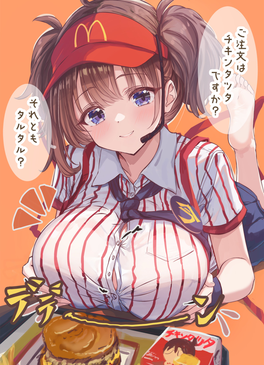 1girl blue_eyes breasts brown_hair burger button_gap commentary_request cutlass_(classic_chocolate) food headset highres imadake_dabuchi_tabemi large_breasts looking_at_viewer mcdonald&#039;s orange_background shirt short_hair short_sleeves solo speech_bubble striped_clothes striped_shirt translation_request twintails vertical-striped_clothes vertical-striped_shirt visor_cap white_shirt