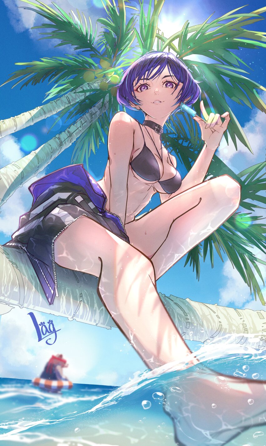 1boy 1girl absurdres bare_legs beach bear belt_collar bikini black_bikini blurry blurry_background branch breasts cleavage clothes_around_waist collar food from_below headband highres holding holding_food holding_popsicle jacket kuma_(tekken) lag_(wo76_a) lens_flare looking_at_another looking_down ocean palm_tree partially_underwater_shot popsicle purple_hair reina_(tekken) short_hair sitting_on_branch smile soaking_feet solo_focus sun sunlight swim_ring swimsuit tekken tekken_8 tree water wet
