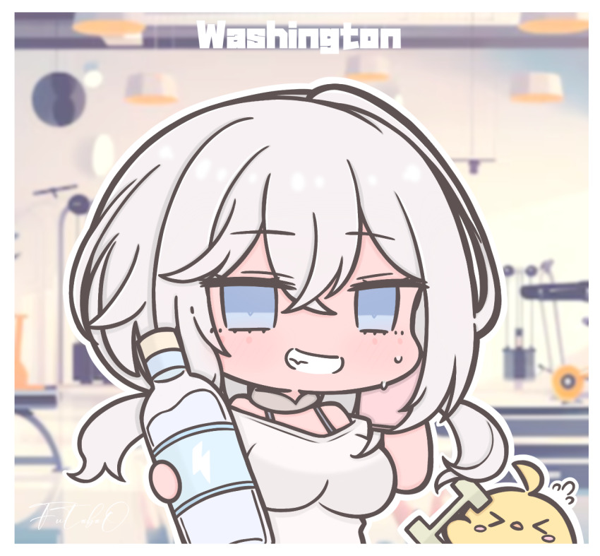 &gt;_&lt; 1girl ahoge alternate_costume azur_lane baby_animal bird blue_eyes blurry blurry_background blush border bottle breasts character_name chibi chibi_only chick commentary drink dumbbell energy_drink fang flying_sweatdrops futaba_(anti_clockwise) grin gym highres holding holding_bottle holding_drink indoors large_breasts manjuu_(azur_lane) off-shoulder_shirt off_shoulder shirt short_hair sidelocks signature smile sweat symbol-only_commentary washington_(azur_lane) white_border white_hair