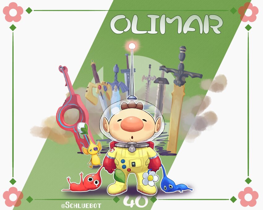 :o absurdres antennae bandaid brown_hair bruise bruised_eye bullying buster_sword character_name closed_eyes dragon_quest final_fantasy final_fantasy_vii fire_emblem full_body helmet highres injury master_sword monado nintendo numbered olimar pikmin_(creature) pikmin_(series) pointy_ears schluebot space_helmet spacesuit super_smash_bros. sweat sword weapon whistle xenoblade_chronicles_(series)
