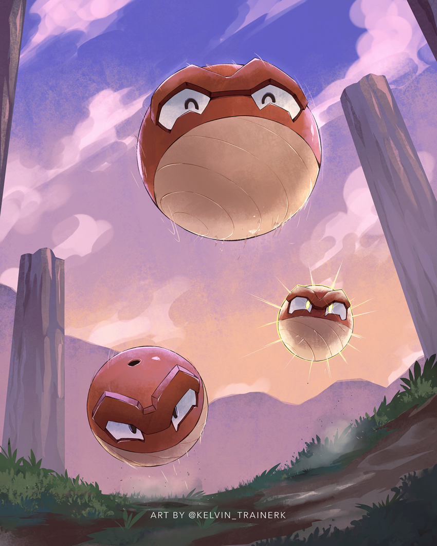^_^ ball closed_eyes cloud commentary day english_commentary from_below glowing grass highres hisuian_voltorb kelvin-trainerk nintendo no_humans outdoors pillar pokemon pokemon_(creature) sky twitter_username
