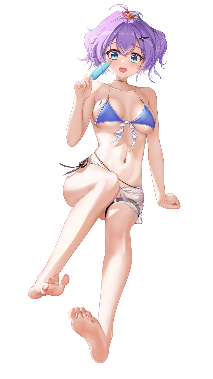 1girl absurdres azur_lane barefoot blue_eyes duan_zhu_ya feet food highres javelin_(azur_lane) long_hair looking_at_viewer open_mouth popsicle purple_hair soles swimsuit toes