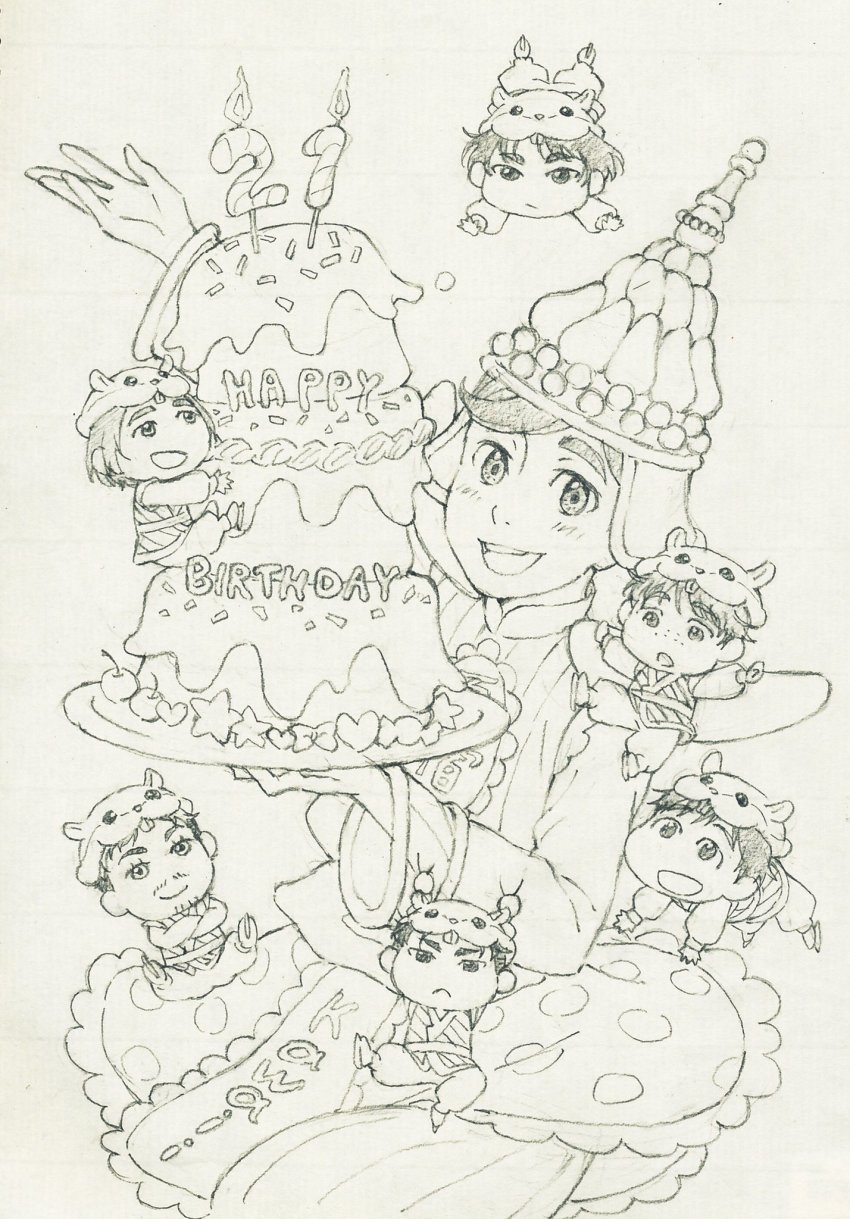 10s 6+boys :d animal_hat birthday_cake cake candle chibi christophe_giacometti crossed_arms facial_hair food freckles graphite_(medium) hamster_hat happy_birthday hat highres ice_skates itou_noriko ji_guang-hong katsuki_yuuri lee_seung-gil leo_de_la_iglesia male_focus mini_person miniboy monochrome multiple_boys open_mouth otabek_altin phichit_chulanont plate romaji_text skates smile thai_clothes traditional_media yuri!!!_on_ice
