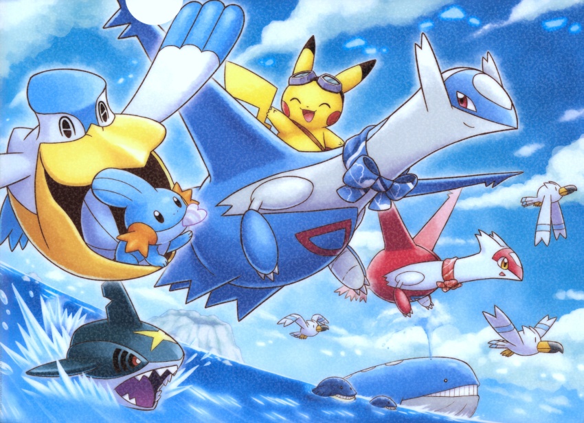 :d absurdres animal_focus blue_bow blue_sky bow closed_eyes closed_mouth clothed_pokemon cloud day flying gen_1_pokemon gen_3_pokemon goggles goggles_on_head heart_scale highres latias latios legendary_pokemon mouth_hold mudkip nintendo no_humans official_art open_mouth outdoors pelipper pikachu pokemon pokemon_(creature) pokemon_focus red_bow riding riding_pokemon sakuma_sanosuke sharpedo sky smile swimming third-party_source wailmer wailord water waving wingull