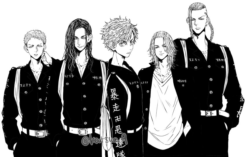 5boys arm_up baji_keisuke belt braid braided_ponytail closed_mouth collarbone cowboy_shot dragon_tattoo earrings fang greyscale hanagaki_takemichi hands_in_pockets head_tattoo highres jacket jacket_on_shoulders jewelry katsuo_9 long_hair long_sleeves looking_at_viewer male_focus mitsuya_takashi monochrome multiple_boys pants ryuuguuji_ken sano_manjirou shirt short_hair simple_background single_braid single_earring standing tattoo tokyo_revengers tsurime twitter_username v-neck v-shaped_eyebrows