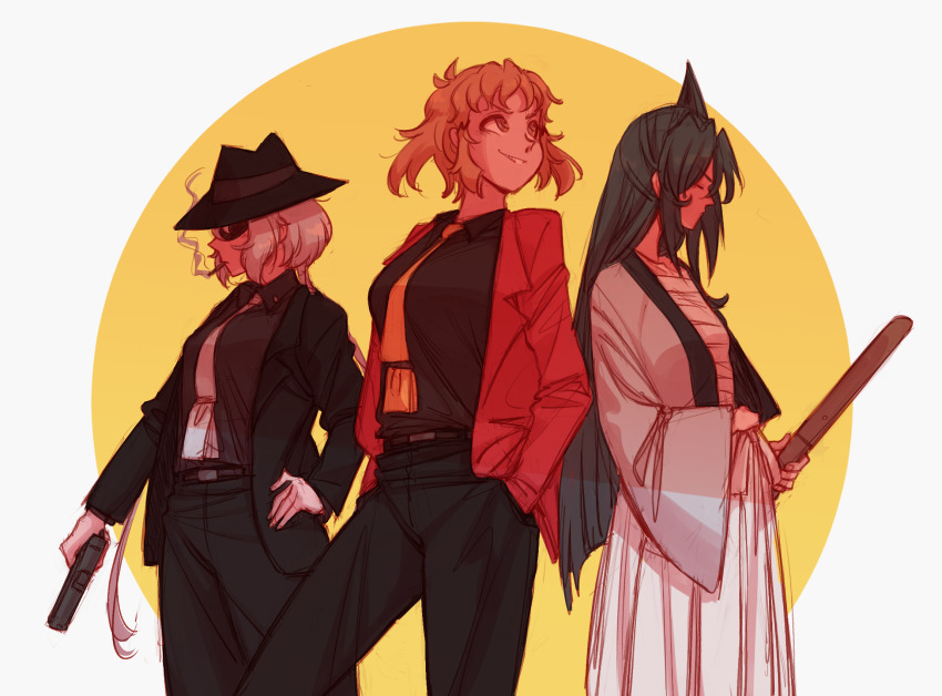 3girls arsene_lupin_iii arsene_lupin_iii_(cosplay) between_breasts breasts brown_eyes cigarette cosplay closed_eyes grey_background grin gun gutalalaman handgun highres ishikawa_goemon_xiii ishikawa_goemon_xiii_(cosplay) jigen_daisuke jigen_daisuke_(cosplay) katana kazanari_tsubasa light_purple_hair long_hair lupin_iii multiple_girls necktie necktie_between_breasts orange_neckwear pistol profile purple_hair sarashi senki_zesshou_symphogear sheath sheathed short_hair side_ponytail smile smoking sun_symbol sunglasses sword tachibana_hibiki_(symphogear) very_long_hair weapon yukine_chris
