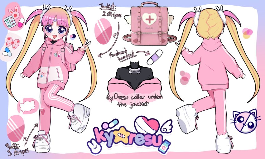 1girl :d animal_print arrow_(symbol) artist_name backpack bag bandaid bandaid_on_face bandaid_on_forehead blister_pack blonde_hair blue_border blue_eyes blunt_bangs blush bone border bow_print character_name reference_sheet clenched_hand clothes_writing collar color_guide cross dot_nose english_text fang frilled_bag from_behind full_body gradient_border gradient_hair hair_ornament hair_scrunchie hand_up heart heart_print high_collar high_tops highres hood hood_down hooded_jacket indie_virtual_youtuber jacket kyopi_(kyoresu) kyoresu kyoresu_(artist) logo long_hair long_sleeves looking_at_viewer multicolored_border multicolored_hair multiple_views off_shoulder official_art open_mouth outside_border pants parted_bangs paw_print photo_inset pill pill_bottle pill_print pink_bag pink_border pink_hair pink_hood pink_jacket pink_pants pink_track_suit pocket rabbit_print scrunchie shoes skin_fang sleeves_past_wrists smile sneakers standing standing_on_one_leg star_(symbol) straight_hair striped_clothes striped_jacket striped_pants tareme thick_outlines track_suit twintails two-tone_hair v venus_symbol vertical-striped_clothes vertical-striped_jacket vertical-striped_pants very_long_hair virtual_youtuber white_footwear white_scrunchie winged_bag y2k_fashion