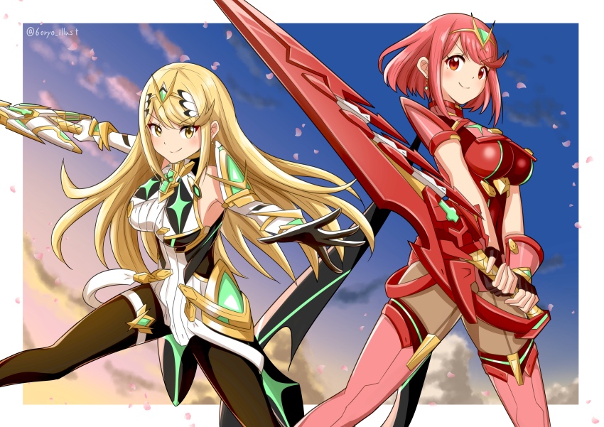 2girls absurdres aegis_sword_(xenoblade) armor bare_shoulders black_gloves black_pantyhose blonde_hair blush bob_cut breasts chest_jewel core_crystal_(xenoblade) dress earrings elbow_gloves fingerless_gloves floating_earrings gloves highres impossible_clothes jewelry large_breasts long_hair microdress multiple_girls mythra_(massive_melee)_(xenoblade) mythra_(xenoblade) neon_trim nintendo pantyhose pantyhose_under_shorts pyra_(xenoblade) red_eyes red_hair red_shorts red_thighhighs ryochan96154 short_hair short_sleeves shorts shoulder_armor smile super_smash_bros. swept_bangs thigh_strap thighhighs thighhighs_over_pantyhose tiara very_long_hair weapon white_dress white_gloves xenoblade_chronicles_(series) xenoblade_chronicles_2 yellow_eyes