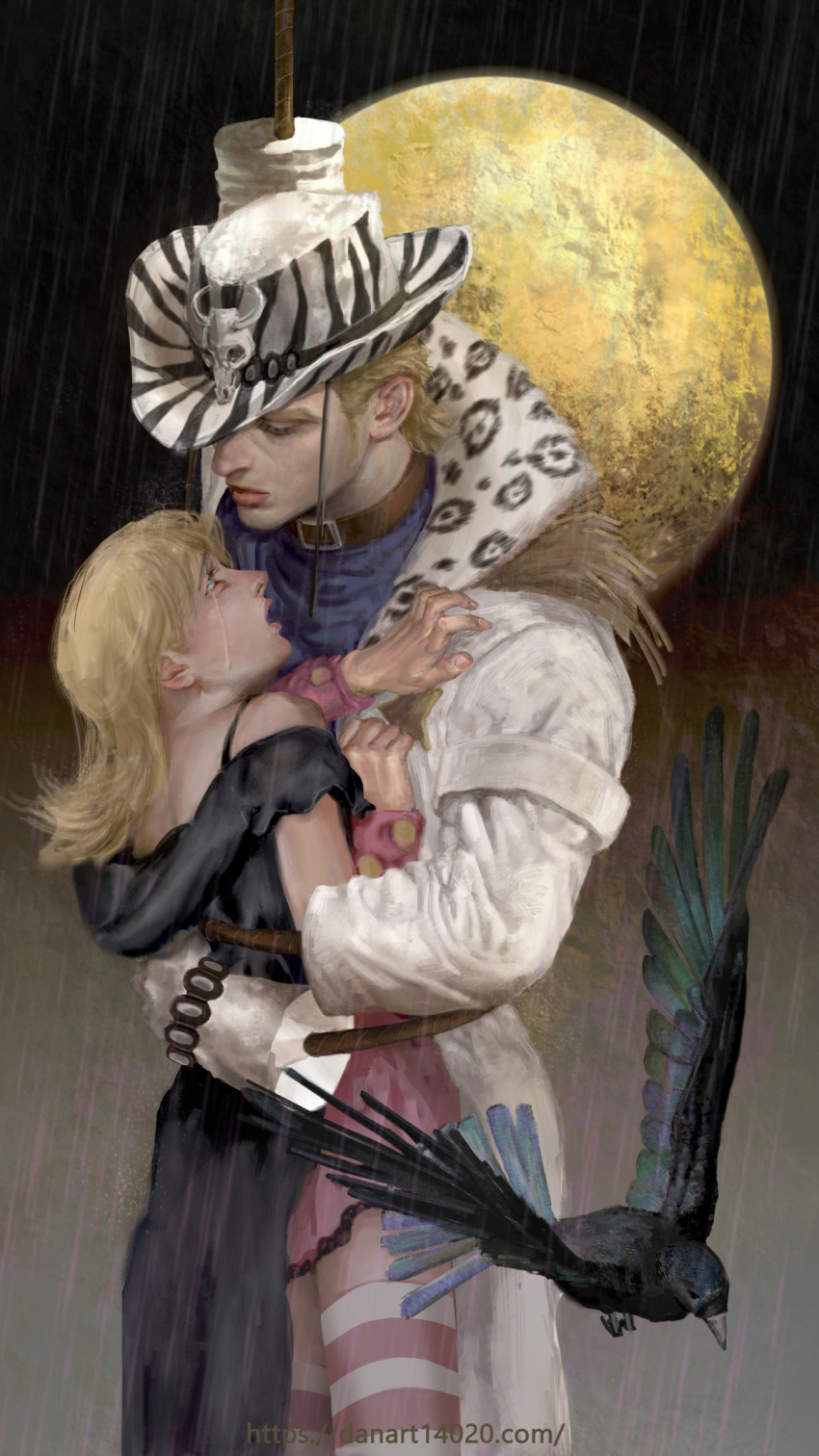 1boy 1girl bird blonde_hair blue_eyes commentary_request cowboy cowboy_hat cowboy_western crying crying_with_eyes_open danart14020 dress gloves hat highres hug jojo_no_kimyou_na_bouken lasso lips looking_at_another lucy_steel medium_hair mountain_tim oh!_lonesome_me_(stand) pink_dress rain realistic stand_(jojo) steel_ball_run striped_clothes striped_thighhighs tears thighhighs western