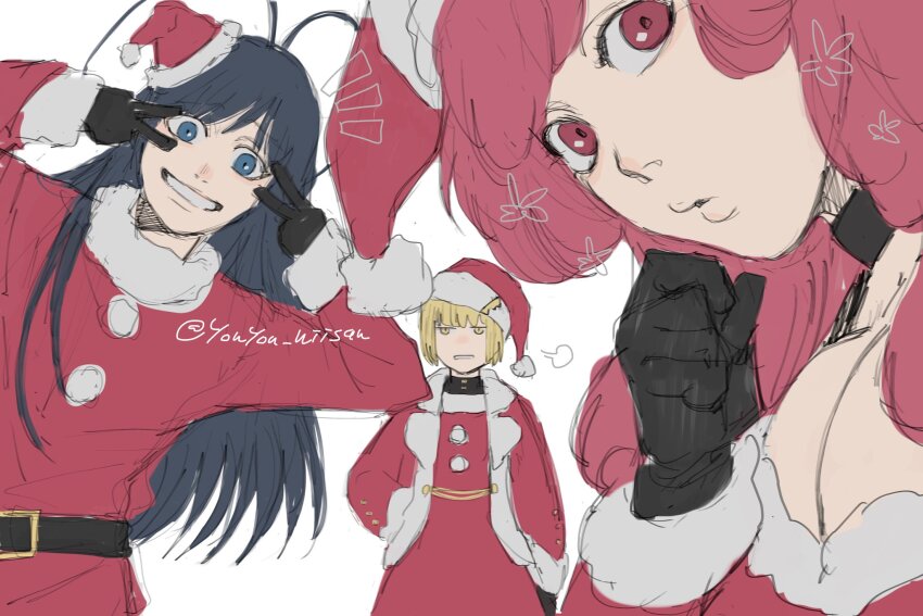 1boy 2girls alternate_costume antenna_hair belt belt_buckle black_belt black_choker black_gloves black_hair bleach bleach:_brave_souls bleach:_sennen_kessen-hen blonde_hair blue_eyes breasts buckle choker christmas cleavage clenched_teeth commentary double_v dress fur-trimmed_headwear fur-trimmed_jacket fur-trimmed_sleeves fur_collar fur_trim giselle_gewelle gloves grin hat highres jacket large_breasts leaning_to_the_side liltotto_lamperd long_hair long_sleeves looking_at_viewer looking_to_the_side meninas_mcallon mini_hat mini_santa_hat multiple_girls pink_eyes pink_hair pom_pom_(clothes) puff_of_air red_dress red_hat red_jacket santa_costume santa_dress santa_hat selfie short_hair simple_background smile teeth trap twitter_username upper_body v very_long_hair white_background yellow_eyes yonyon_niisan